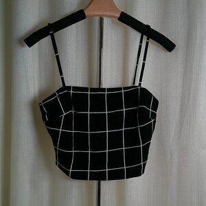 Revamped Navy Blue and White Grid Crop Top in size L
